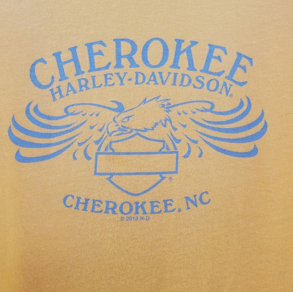 Harley-Davidson Tangerine Orange V Neck Cherokee NC Skull Graphic Tee Shirt - Picture 6 of 7